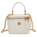 Mini gesteppte Box-Tasche in Weiß mit goldener Blume und geflochtenem Kettenriemen - Weiß