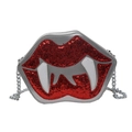 Quirky vampire red sequin lips crossbody bag with white leather fangs and silver chain strap - Silver