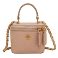 Rosafarbene gesteppte Mini Box Tasche mit goldener Kette und Blumen-Emblem - Khaki