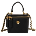 Schwarze Mini-Kosmetiktasche mit Steppmuster, Goldblume und Kettenriemen - Schwarz