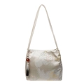 Sac seau brodé style chinois crème avec pompon élégant et motifs floraux raffinés - Blanc Cassé
