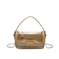Brown leather and clear PVC crossbody bag featuring silver chain and fashion text - Khaki