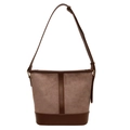 Sac seau bicolore vintage en daim beige et finitions en cuir marron foncé - Kaki