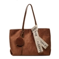 Quilted caramel suede tote bag with matching round coin purse and decorative scarf - Brown