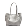 Silver woven tote bag with metallic finish featuring classic interlaced cross pattern - Silver