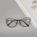 Monture de lunettes œil-de-chat gris transparent avec fines branches en métal doré clair - Gris fumé