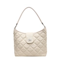 Borsa a tracolla trapuntata beige con chiusura a scatto argento e trama in pelle - Bianco Sporco