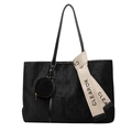 Black vintage tote bag in quilted faux suede with a round coin purse and white strap - Black