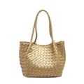 Champagne gold woven tote bag featuring premium interlaced leather and slim top handles - Gold