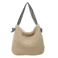 Große Strohtasche in Beige mit schwarz-weiß gestreiftem Canvas-Schultergurt für Damen - Gebrochenes Weiß