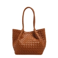 Brown woven PU leather tote bag featuring handcrafted Intrecciato style with dual handles - Brown