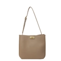 Elegante khakifarbene Beuteltasche mit Litschi-Muster, goldenem Drehverschluss und Riemen - Braun