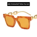 Vintage square sunglasses with jelly amber frame and golden metal chain temples - Jelly Amber Frame Yellow Tea Lens