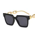 Modern square sunglasses in gloss black with dark grey lenses and gold chain temples - Bright Black Frame Grey Lens