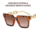 Square leopard print sunglasses with chunky gold metal chain temples and brown lenses - Leopard Frame Gradient Brown Lens