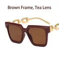 Fashionable square sunglasses with solid brown frame and gold metal chain temples - Solid Brown Frame Tea Lens