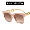 Orange-pink square sunglasses with brown gradient lenses and gold chain temples - Orange Pink Frame Double Tea Lens