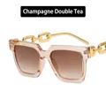 Square champagne brown sunglasses featuring stylish gold metal chain link temples - Champagne Frame Double Tea Lens