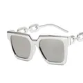 Square silver metal sunglasses with silver mirrored lenses and chain detail temples - Silver Frame Silver Mirror Lens