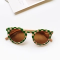 Kids fashion sunglasses with green checkerboard round frames and UV400 lenses - Green Checkerboard