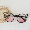 Cat-ear shape round kids sunglasses with black glossy frame and pink gradient lenses - Bear Ear Round Style