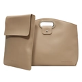 Set borsa beige minimalista con manici in metallo e pochette a busta coordinata - Bianco Sporco