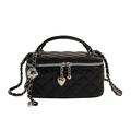Quilted black leather crossbody vanity bag with silver chain strap and heart charm - Black