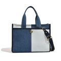 Denim patchwork tote bag with gold rotary lock and wide shoulder strap in blue and white - Light Blue