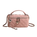Pink quilted rhombus vanity box bag with silver heart charm and chain shoulder strap - Pink