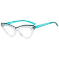Cat-eye sunglasses with transparent frames and deep cyan accents in a 45-degree side view - Anti-Blue Light Plain Lens / Transparent Frame with Blue Legs