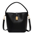 Chic black bucket bag with lychee texture leather, gold hardware and detachable strap - Black