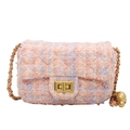 Bolso bandolera de tweed a cuadros rosa y morado con cadena dorada y cierre giratorio - Rosa
