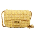 Elegante bolso bandolera de tweed amarillo con cadena dorada y ajuste de bola - Amarillo