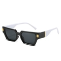 Square black sunglasses with contrasting white crocodile texture temples and gold accents - Black Frame Grey Lens White Temples