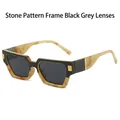 Square stone pattern sunglasses with black lenses and gold hardware accents - Stone Grain Frame / Black Grey Lenses