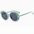 Detail view of round mint green sunglasses with hollow cut-out frames and grey lenses - Green Frame Grey Lens