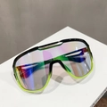 Detail of multi-color mirrored lenses and metal top bar on oversized sports sunglasses - Black Top Green Bottom