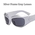 Y2K futuristic silver wrap sunglasses with gray lenses and arrow temple detail - Silver Frame Grey Lens
