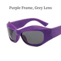 Y2K futuristic wrap sunglasses with purple frames and gray lenses side view - Purple Frame Grey Lens