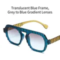 Square wave pattern sunglasses in transparent blue with gradient lenses and yellow arms - Transparent Blue Frame Gray to Blue Gradient