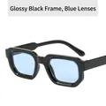 Square black frame sunglasses with transparent light blue lenses in a modern retro style - Shiny Black Frame Blue Lens