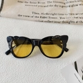 Detail view of butterfly cat-eye sunglasses with yellow lenses and frame specifications - Black Frame Yellow Lens
