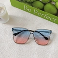 Detail of metal frame sunglasses with gradient blue pink lenses on a white texture - Blue Pink