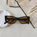 Detail view of square vintage sunglasses showing frame specifications and branded pouch - Black Brown