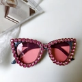 Detail of cat-eye sunglasses featuring pink rhinestones and semi-transparent lenses - Dark Grey Frame Pink Rhinestone Cat Eye (Pink Brick 6)