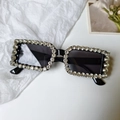 Close-up of black oversized sunglasses with brilliant rhinestone embellishments for parties - Large Black Rectangular Rhinestone (Black Stone 5)