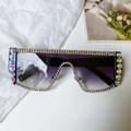Detail of oversized flat top sunglasses with rhinestone frame and purple gradient lenses - Black Flat Top Oversized Frame with Full Black Rhinestones