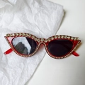 Close-up of red cat-eye sunglasses with luxury rhinestones and sparkling crystal embellishments - Red Cat Eye Rhinestone Style (红砖1)