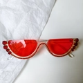Detail of red bridal sunglasses with sparkling red rhinestones on semi-rimless frames - Semi-Rimless Red Lens Red Rhinestone Style (红砖5)