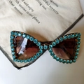Blue rhinestone oversized cat-eye sunglasses with tortoise shell temples for women - Tortoiseshell Temple Blue Green Rhinestone Cat Eye
